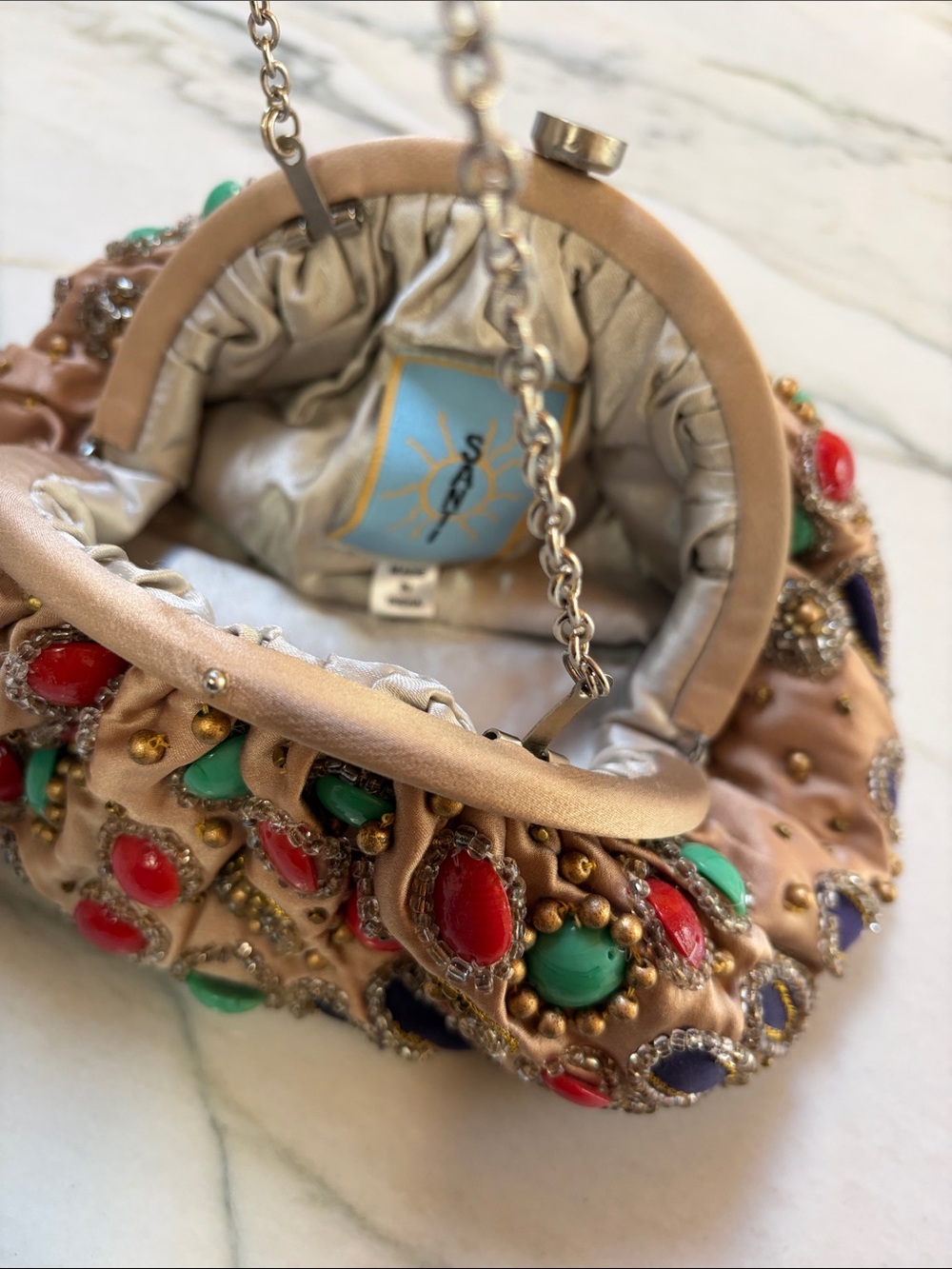 Santo beaded Embellished Floral Clutch, Beige, Turquoise & Red & Navy w chain - Picture 4 of 11